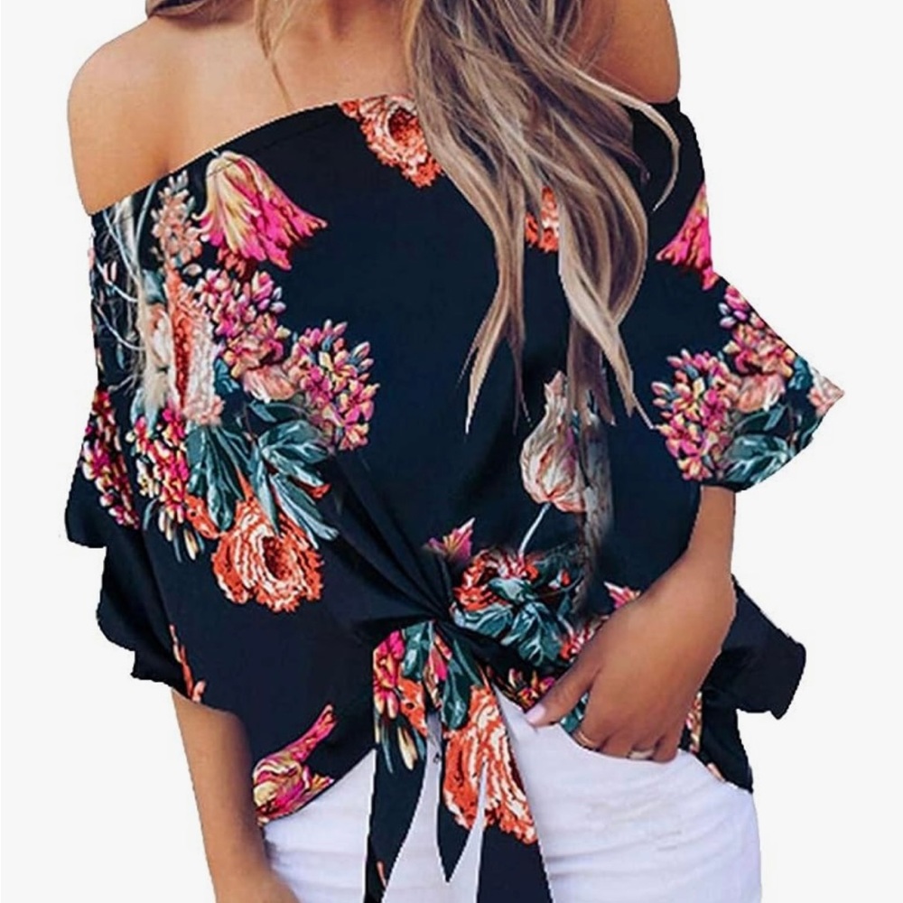 Luckymore Off the Shoulder Top 3/4 bell sleeve tie knot boho blouse size small - Picture 1 of 3